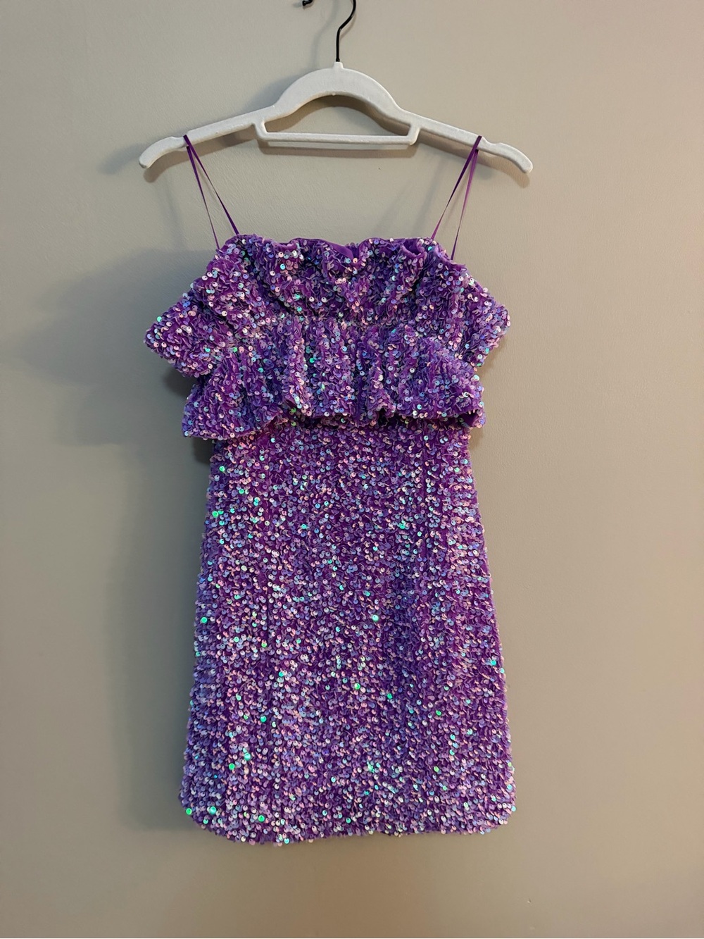 Purple Sequin Ruffle Mini Dress with Spaghetti Straps